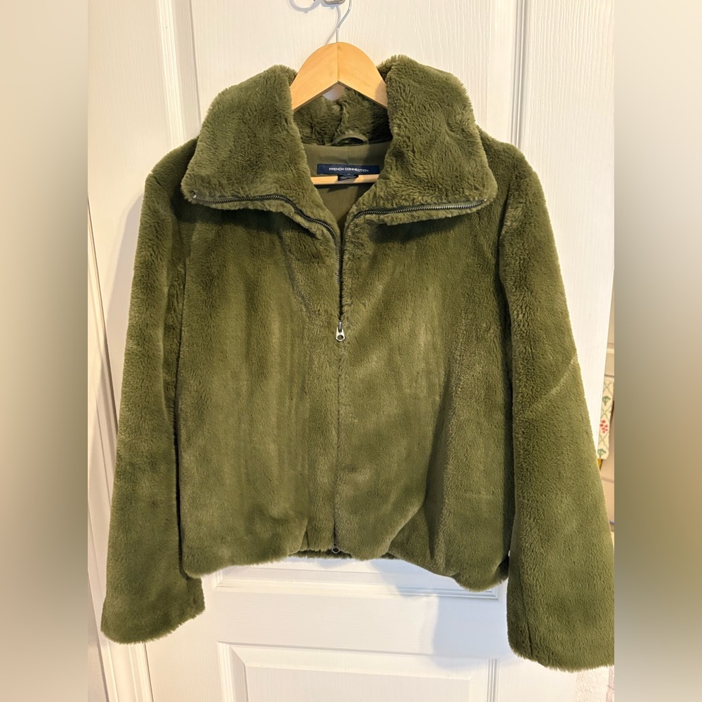French Connection Women's Dark Olive Green Teddy Full Zip Jacket Coat Size M